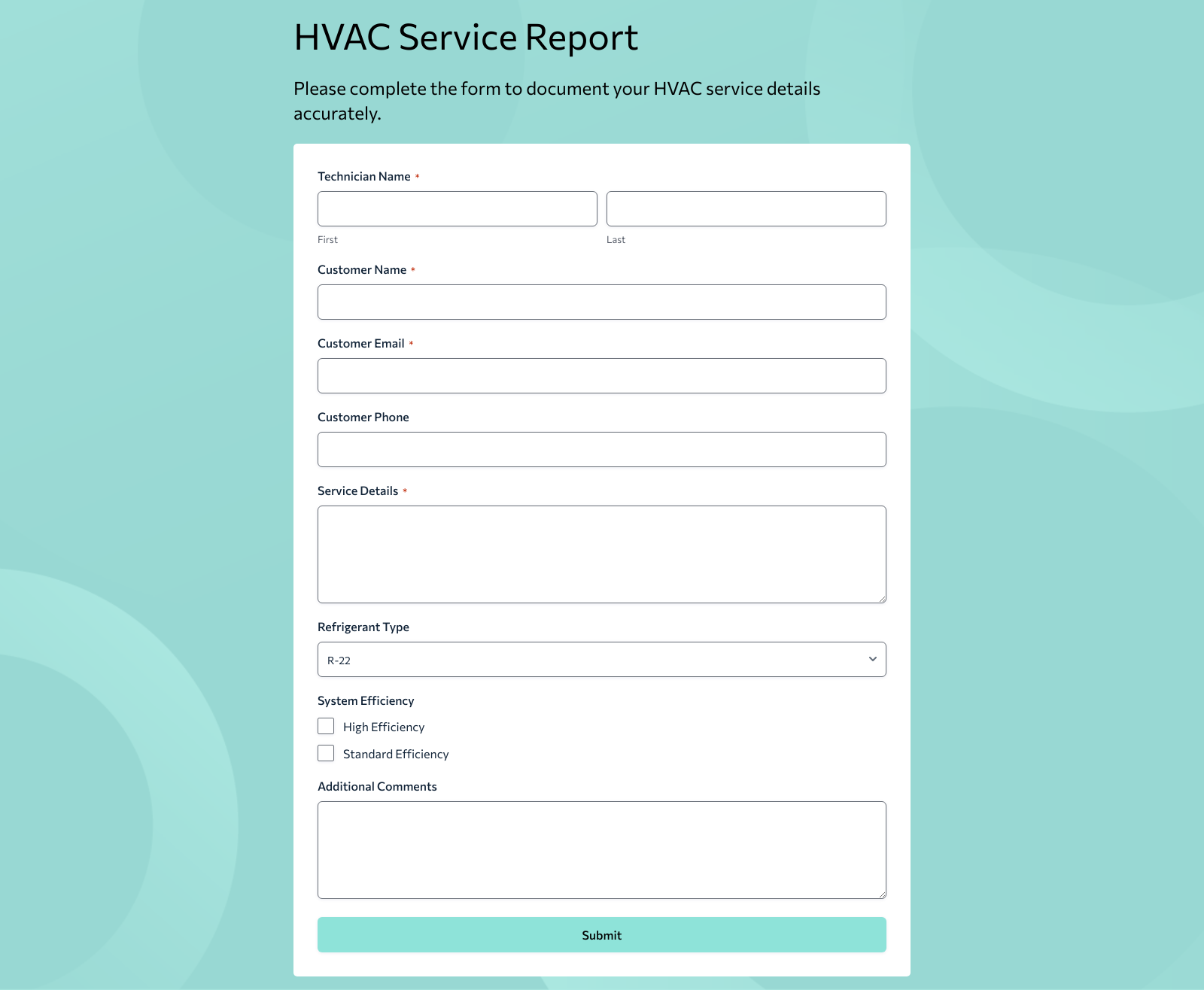 HVAC Service Report Form Template with fields for service details, technician info, and customer feedback.