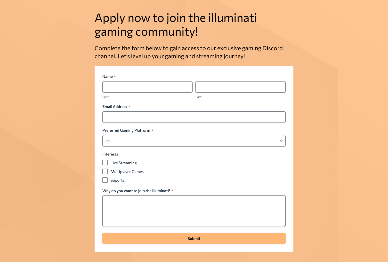 Illuminati Join Application Form Template with fields for name, Discord ID, and gaming interests.