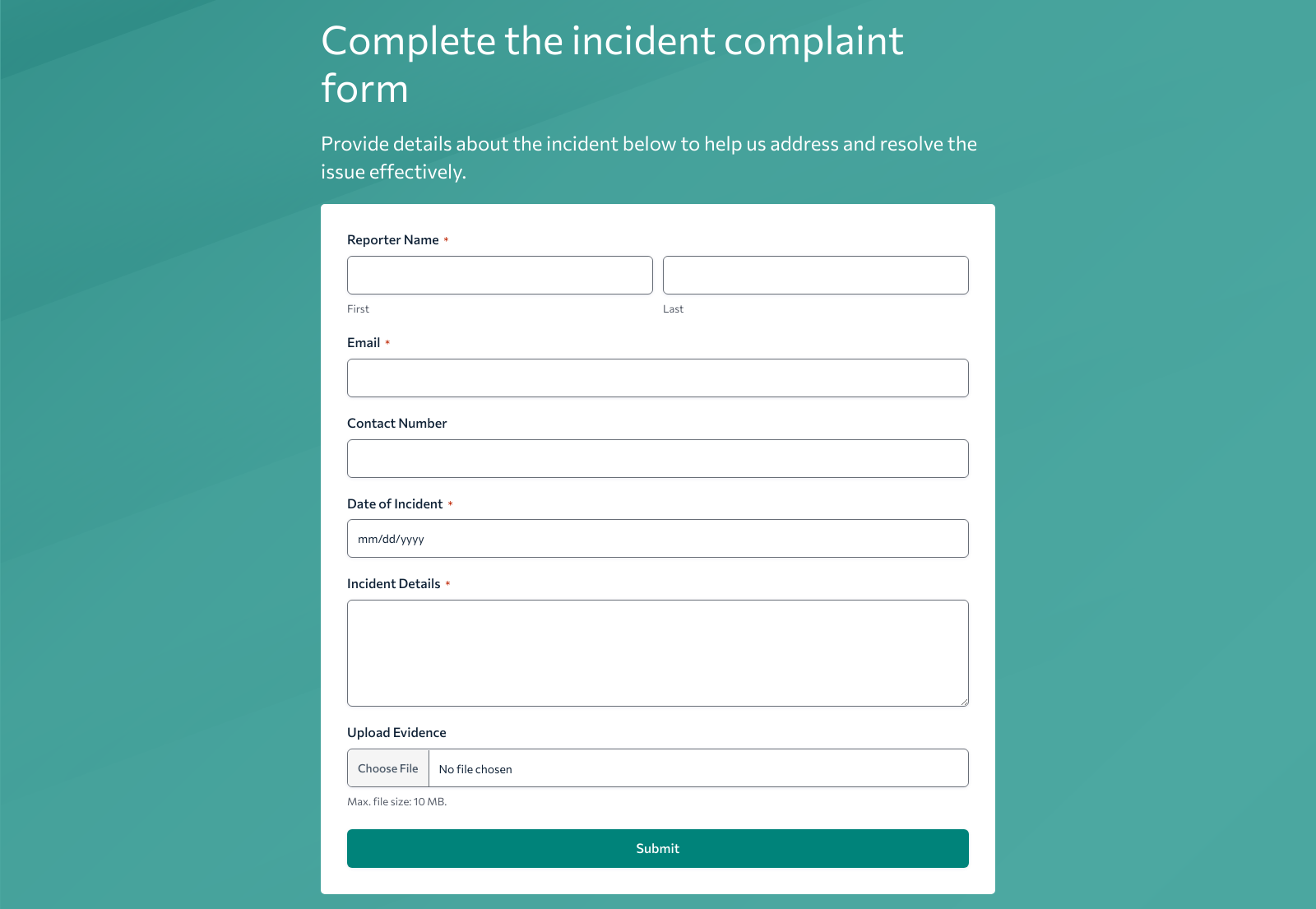 Incident Complaint Form Template with fields for name, date, incident details, and submit button.
