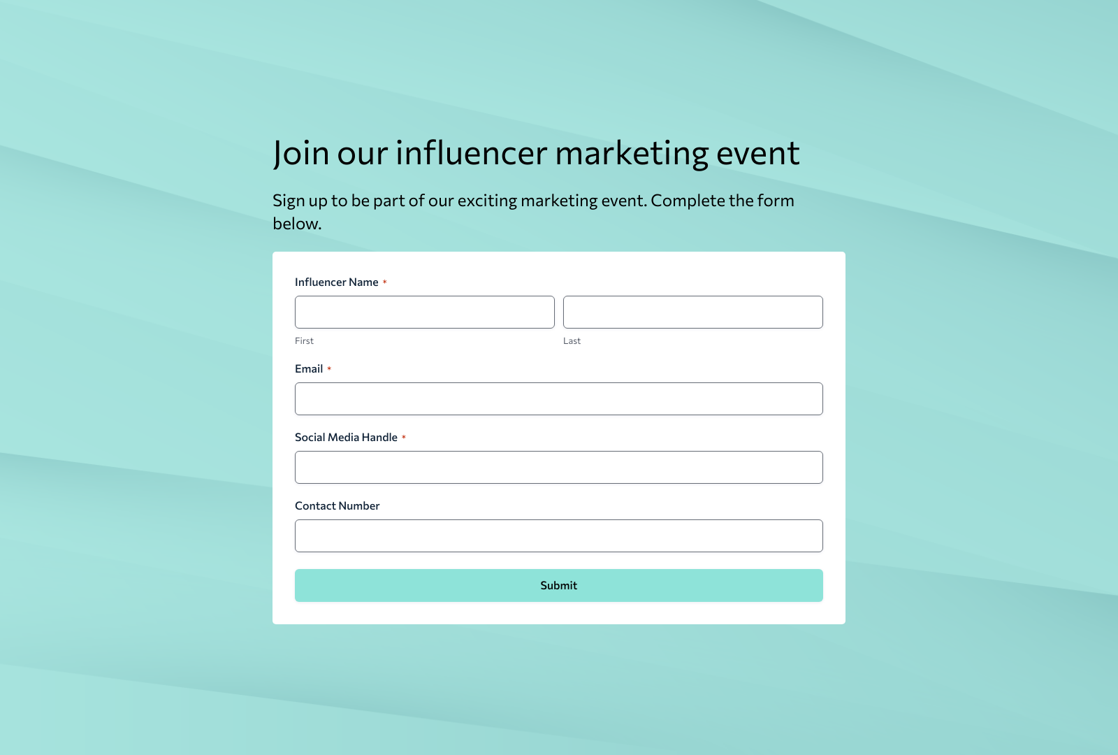 Influencer Marketing Event Registration Form Template showing input fields and submit button.