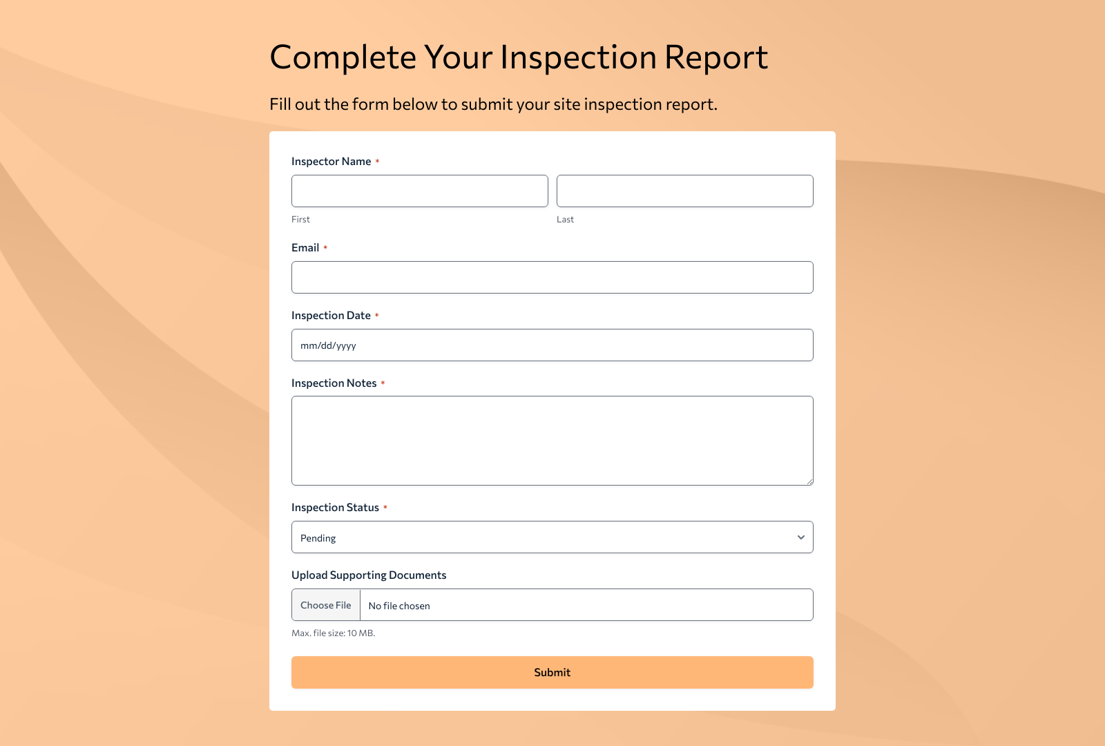 Inspection Form Template with fields for site details, buttons for submission, and organized layout.