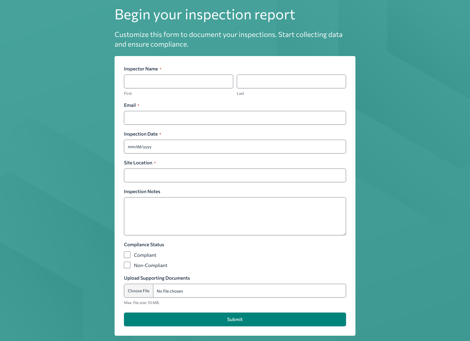 Inspection Report Form Template with fields for safety checks, submit button, and organized layout for data entry.