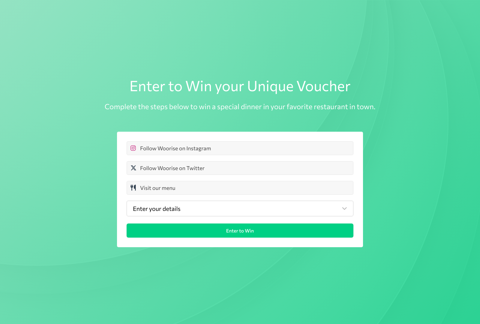 Screenshot of Instant Win Unique Prizes Template with fields for participant details and submit button.