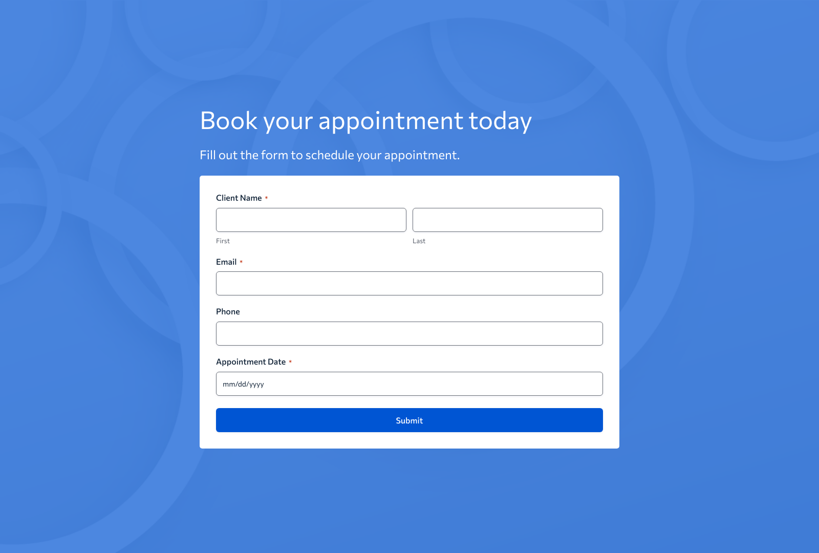 Interactive Appointment Form Template showing fields for date, time, and contact information.
