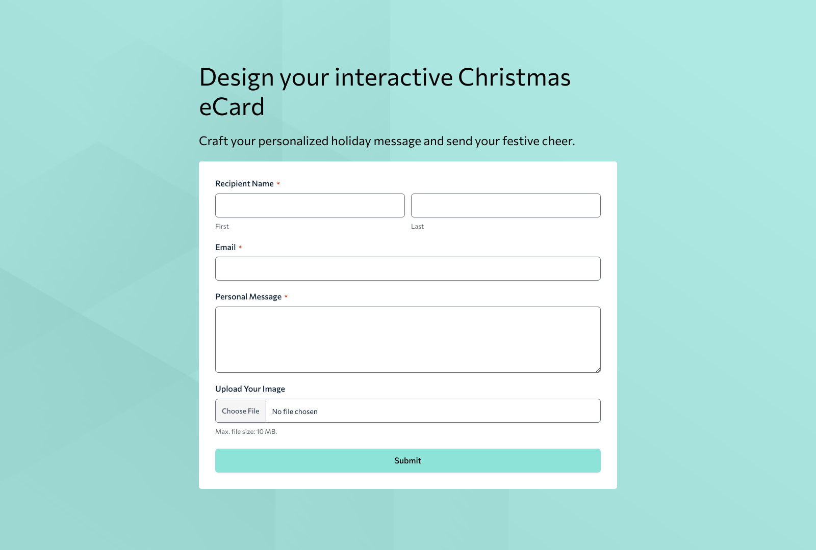 Interactive Christmas ECard Template screenshot with customizable fields and send button.