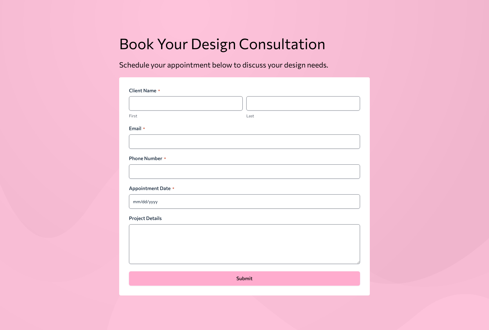 Interior Design Booking Form Template with fields for client details and consultation scheduling.