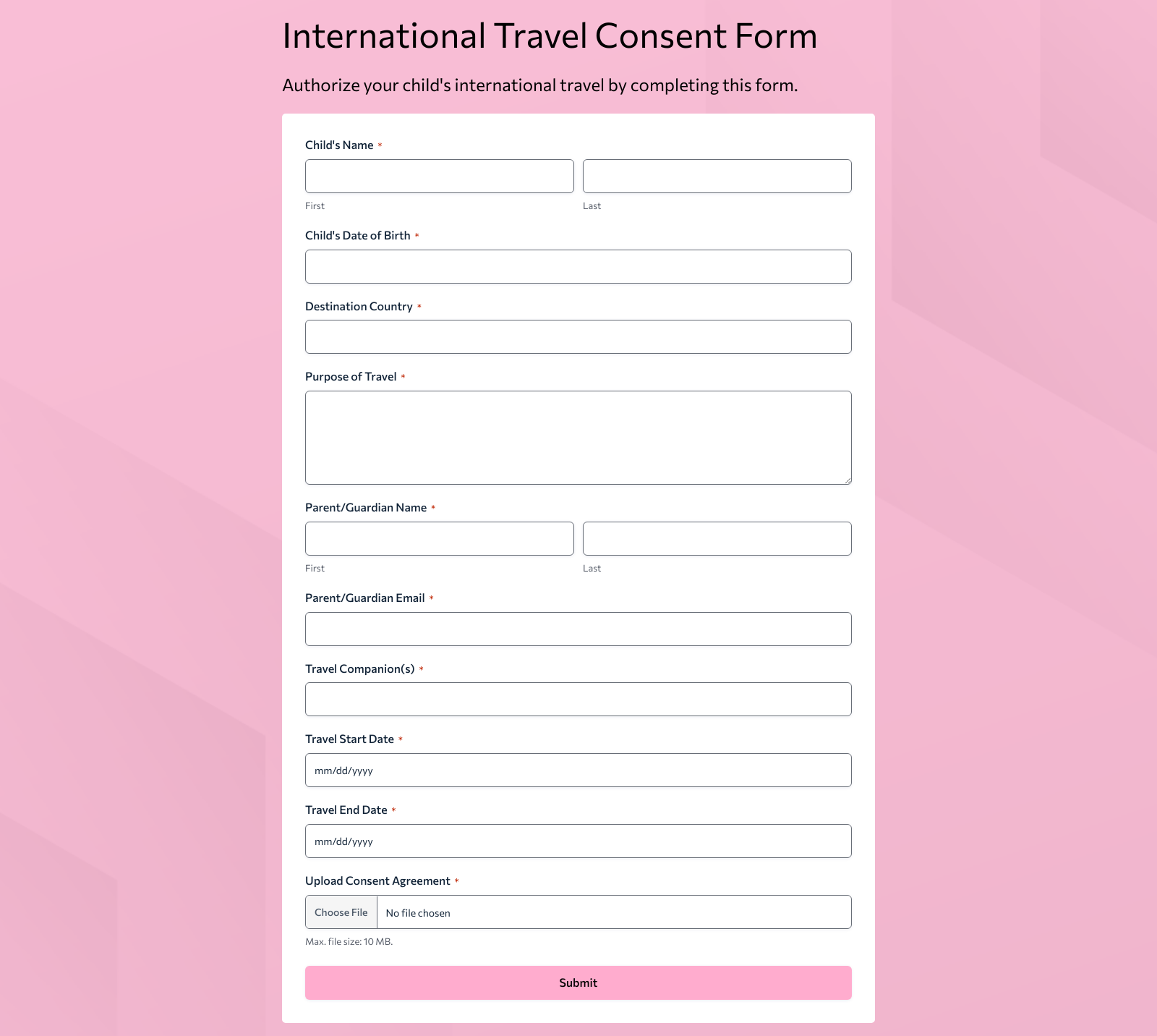 International Travel Consent Form with fields for minor's details, travel dates, and guardian consent.