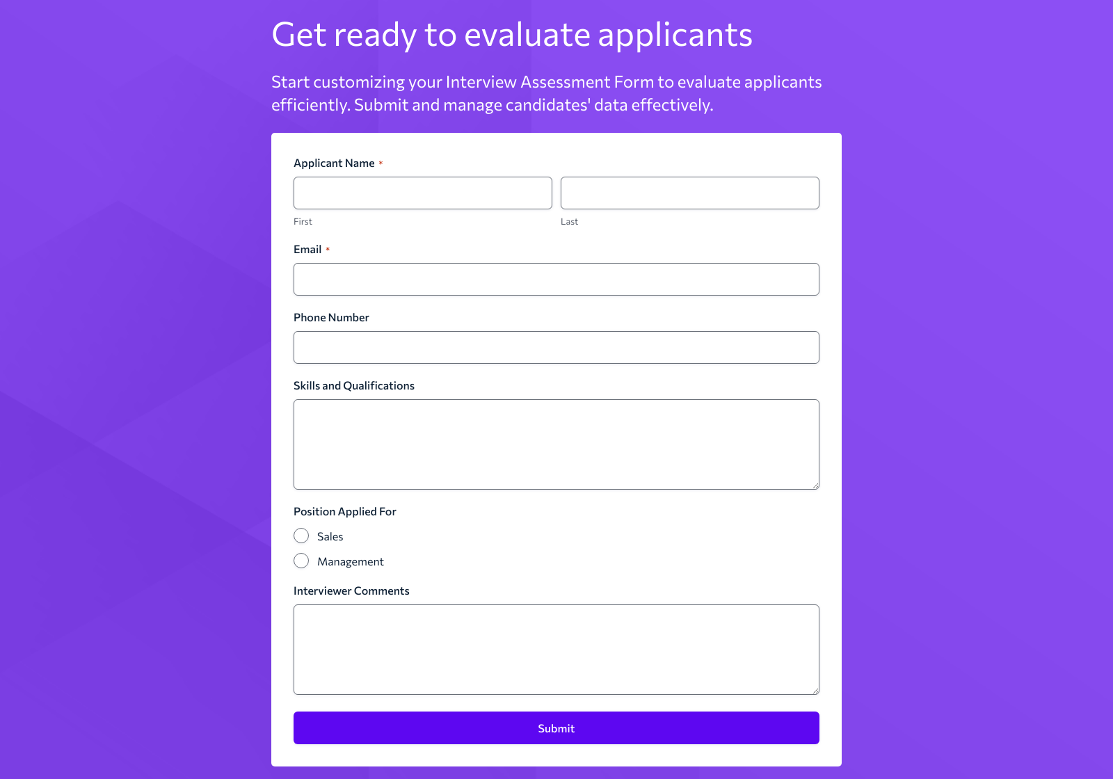 Interview Assessment Form Template with fields for candidate evaluation and qualification ratings.
