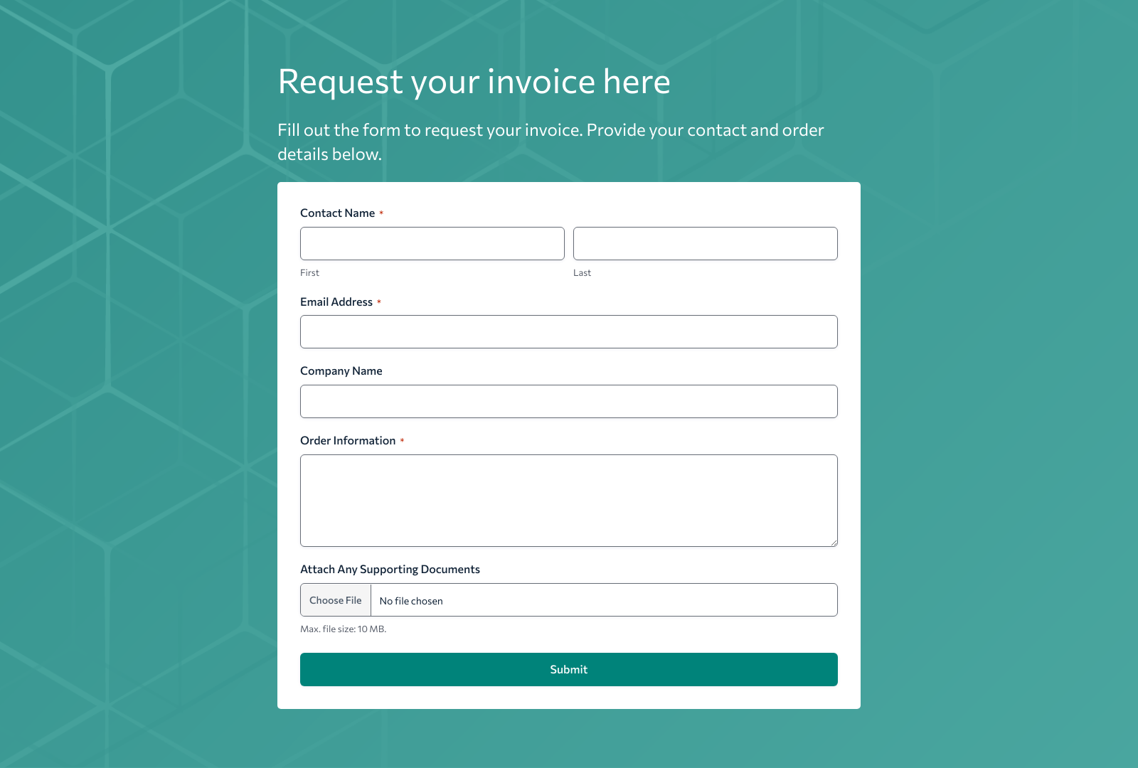 Invoice Request Form Template with fields for client details and payment info, plus submit button.