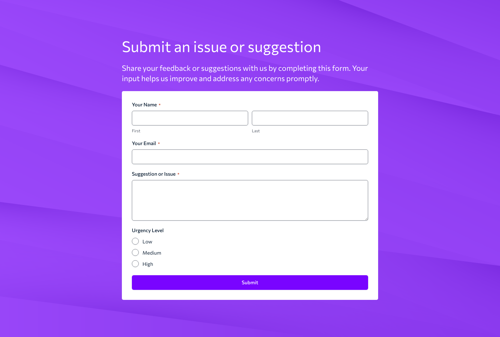 Issue Suggestion Form Template with fields for issue title, description, and contact details.