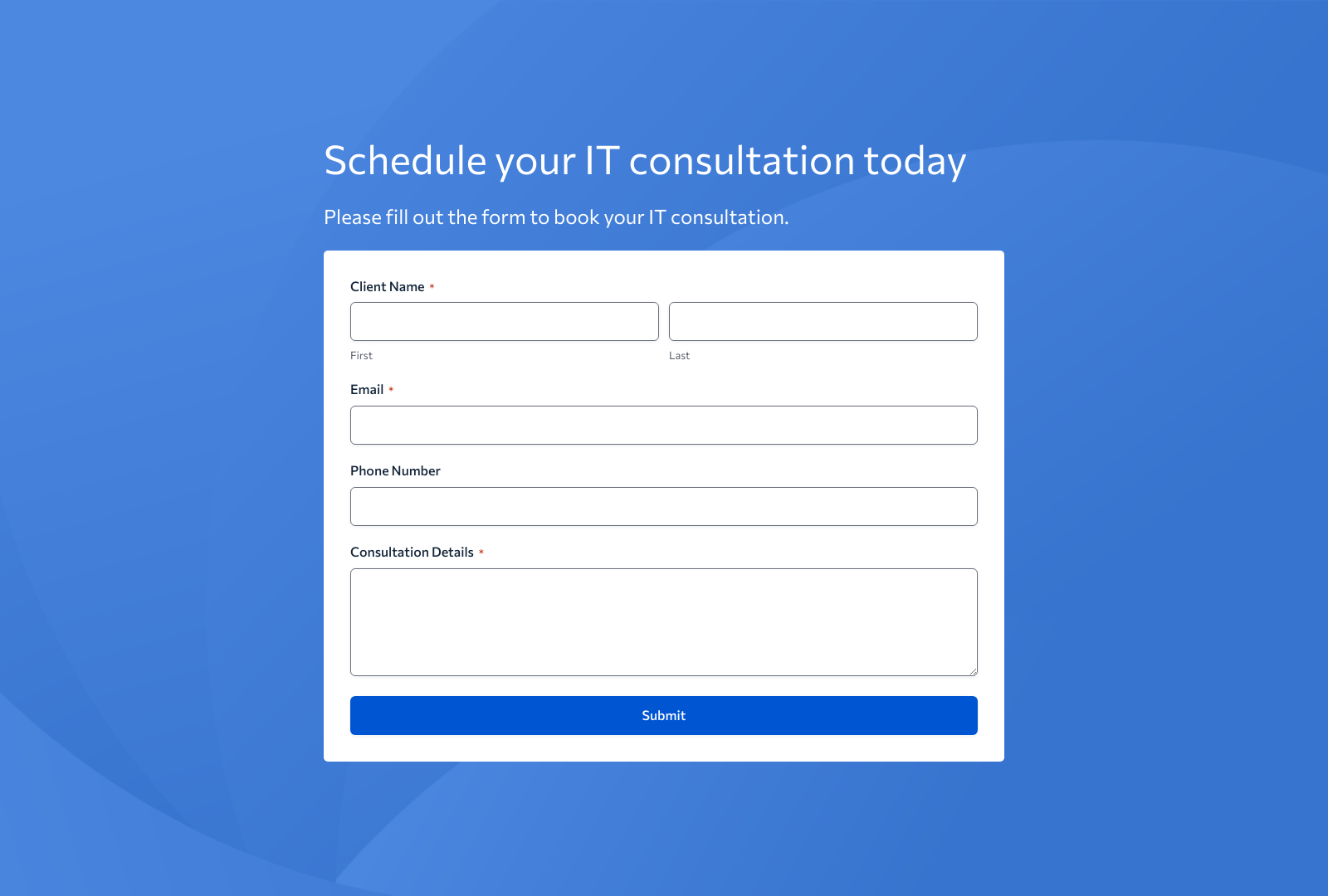 IT Consultation Form Template with fields for name, email, inquiry details and a submit button.