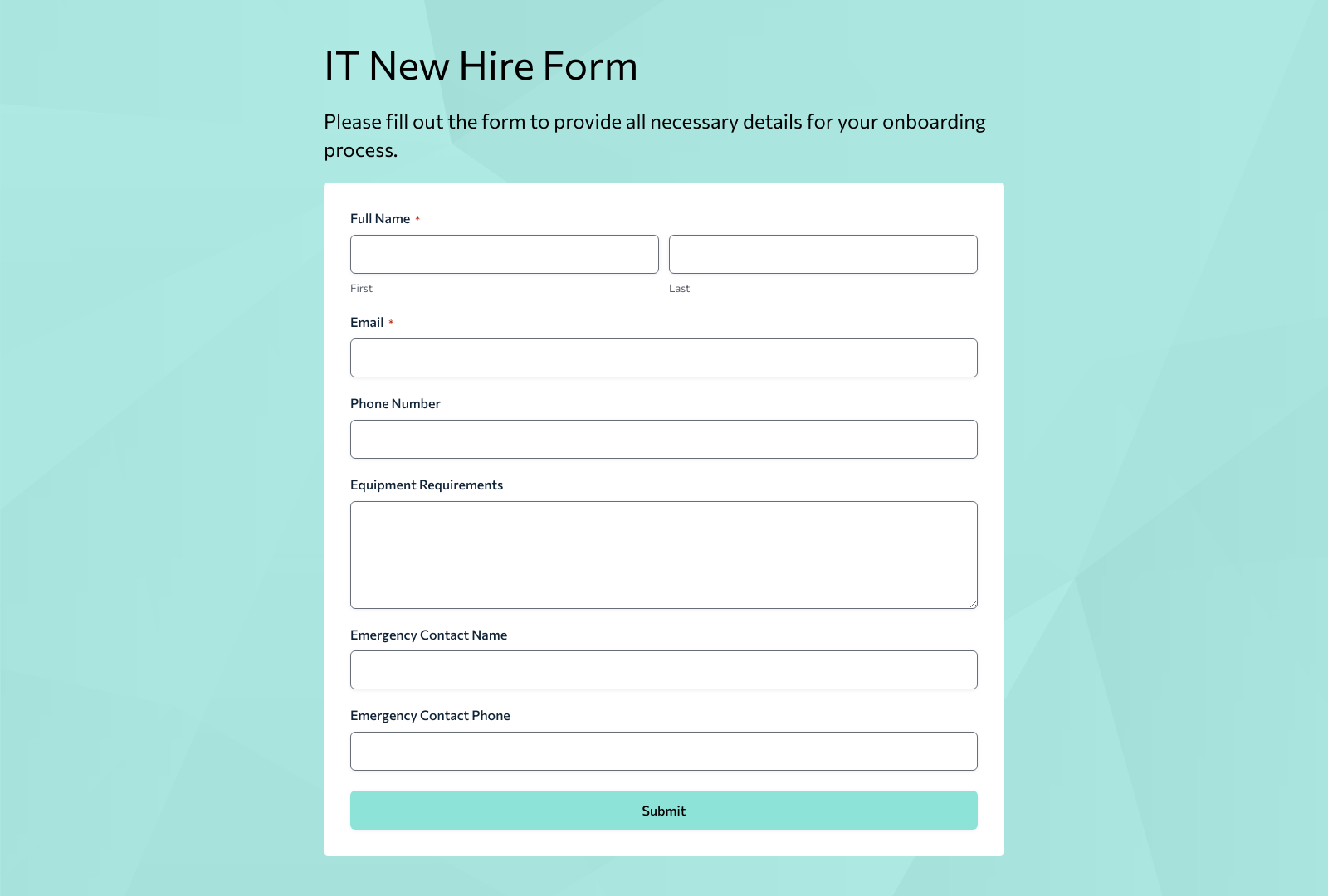 IT New Hire Form Template with fields for employee details and submit button.