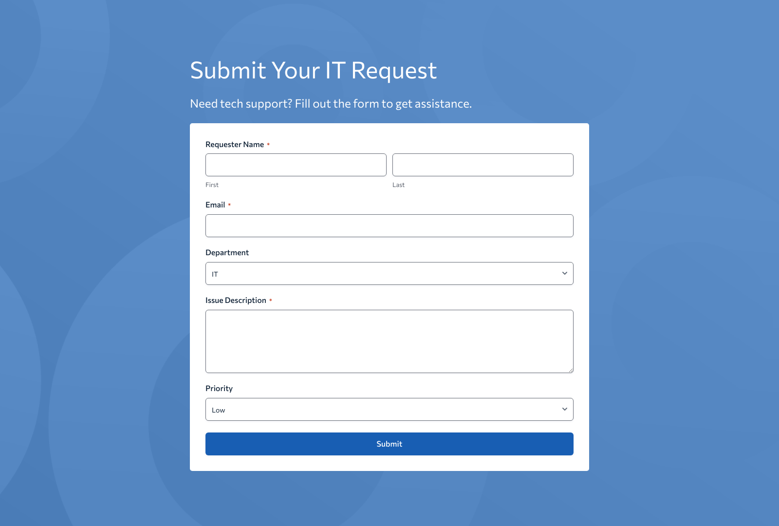 IT Request Form Template with input fields for name, email, request type, priority, and description.