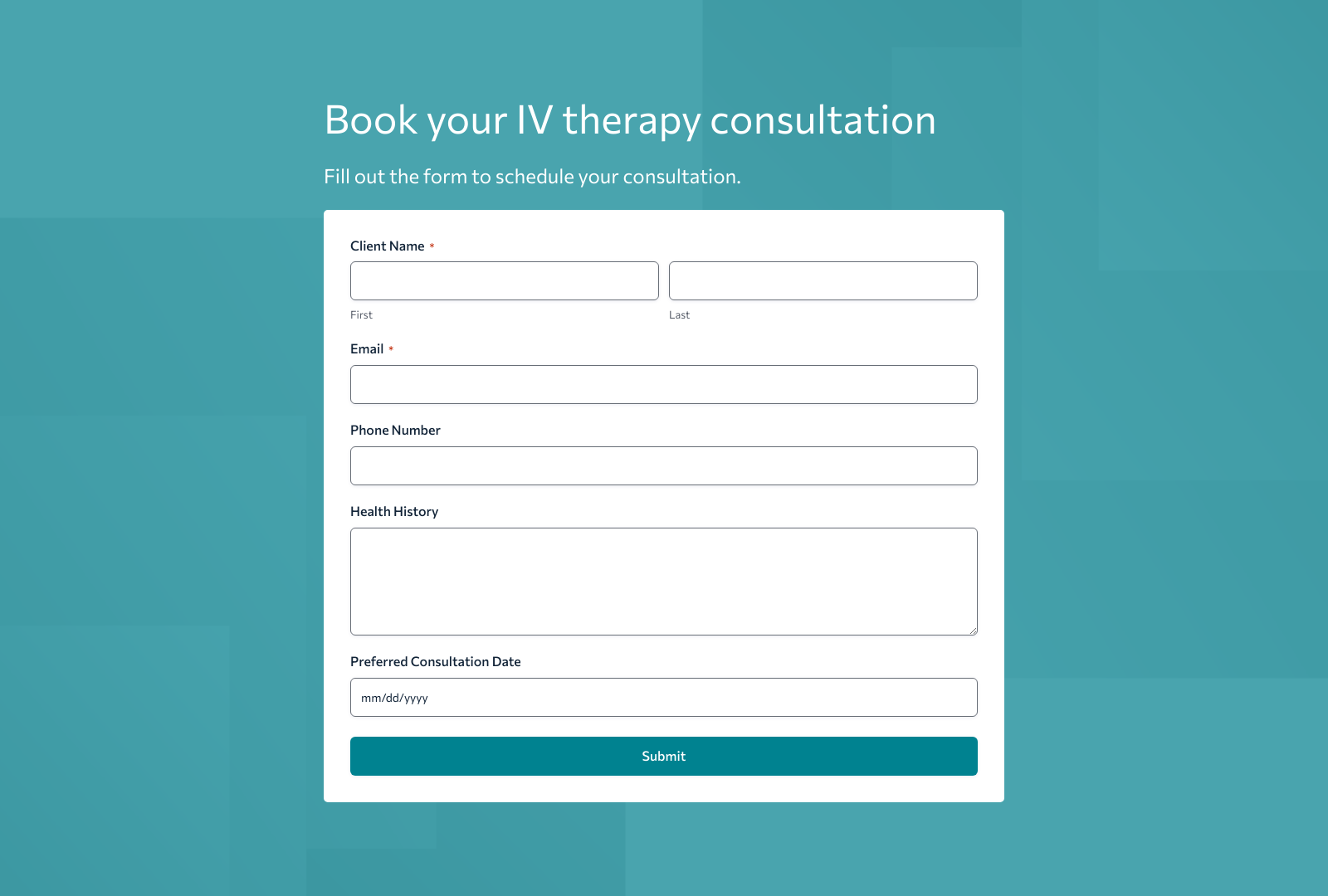 Screenshot of IV Therapy Consultation Form Template with fields for client information and consultation details.