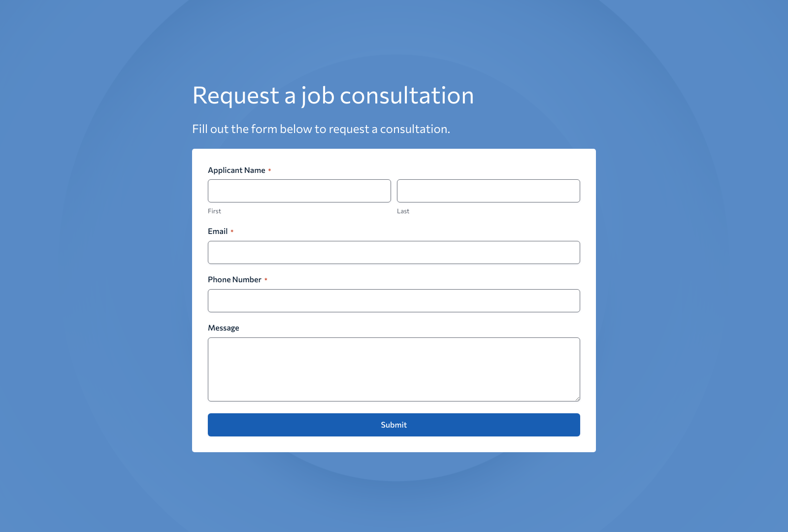 Job Consultation Form Template with fields for candidate details and a submit button.