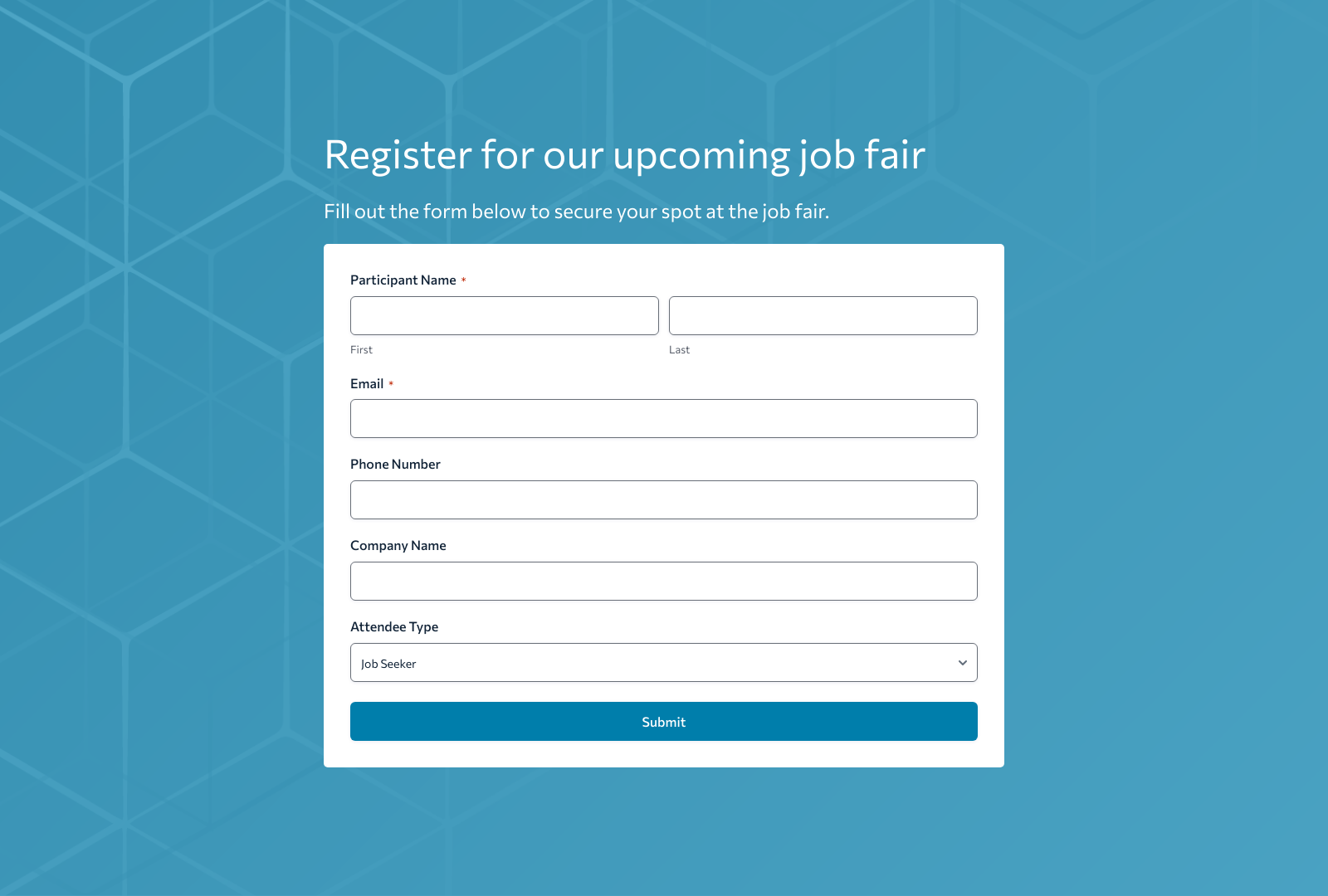 Job Fair Registration Form Template showing fields for name, email, and company with submit button.