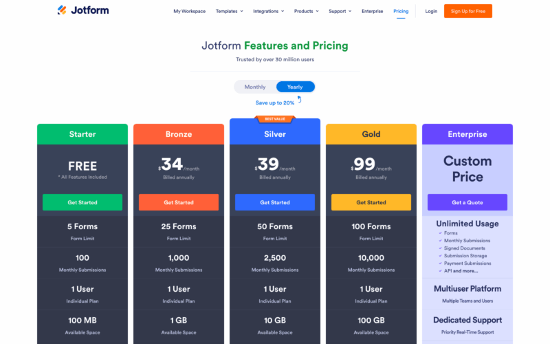 JotForm Pricing Landing Page Example