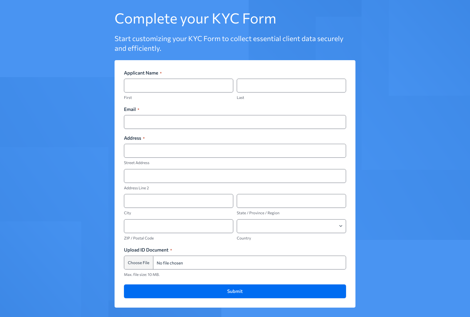 KYC Form Template with fields for client identity and address data, buttons for submission.