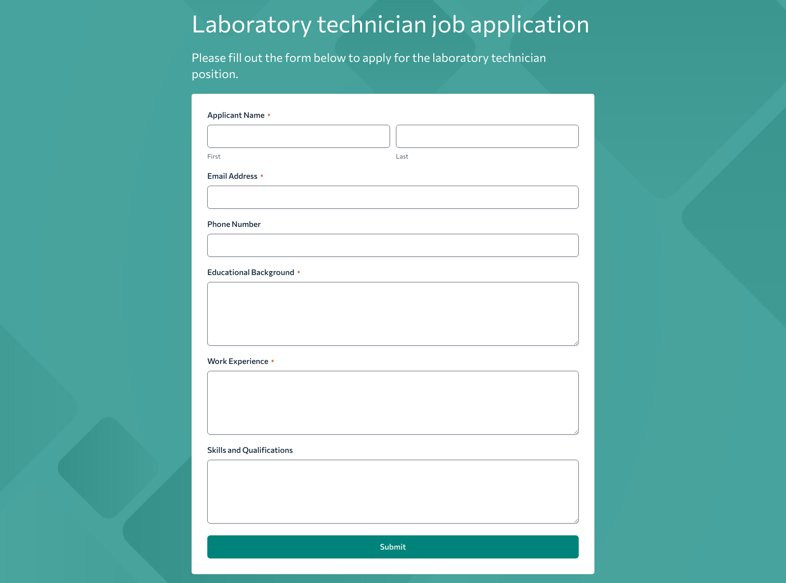Laboratory Technician Job Application Form with fields for candidate details, resume upload, and submit button.