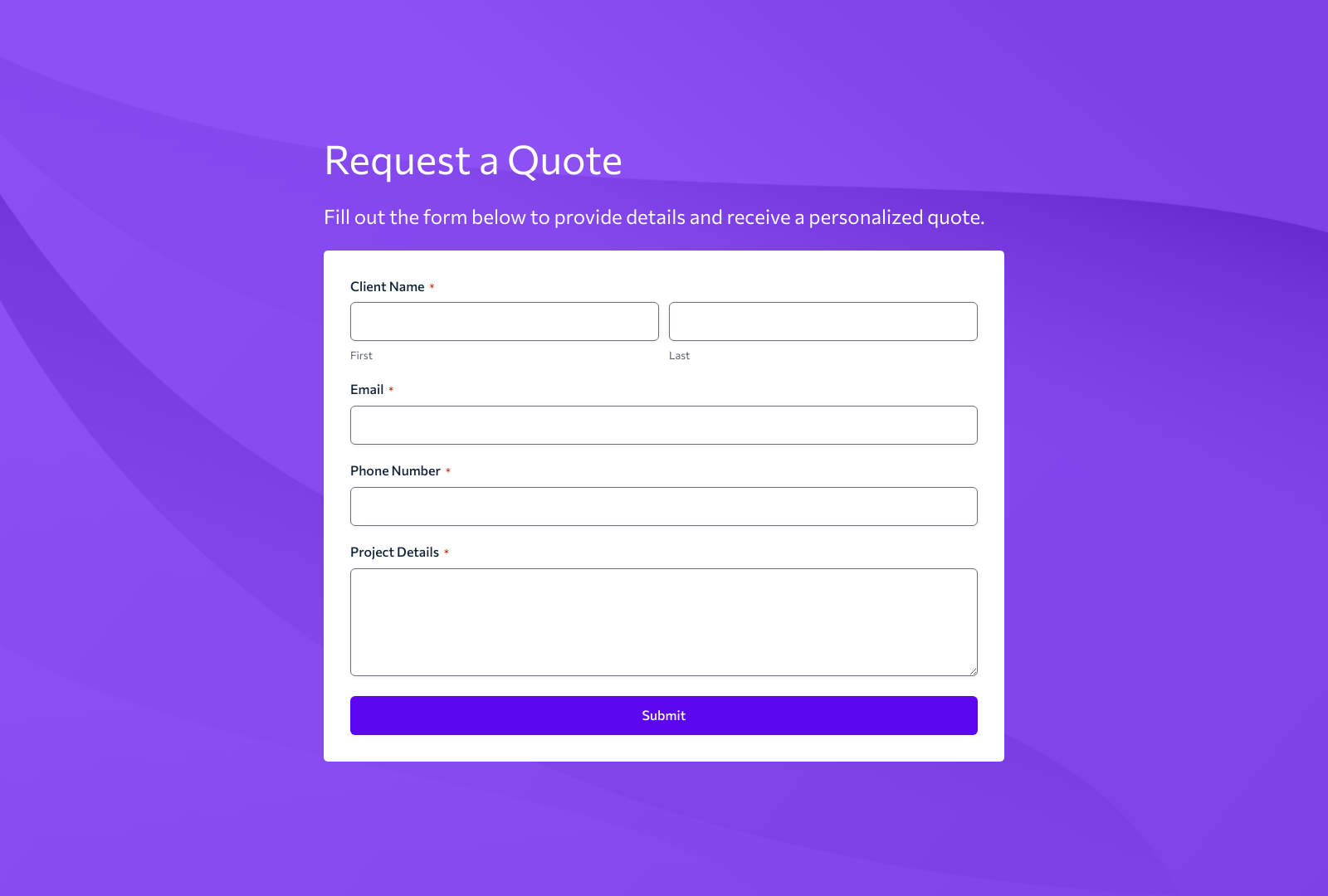 Lance Quote Form Template showing fields for client details and quote requests.