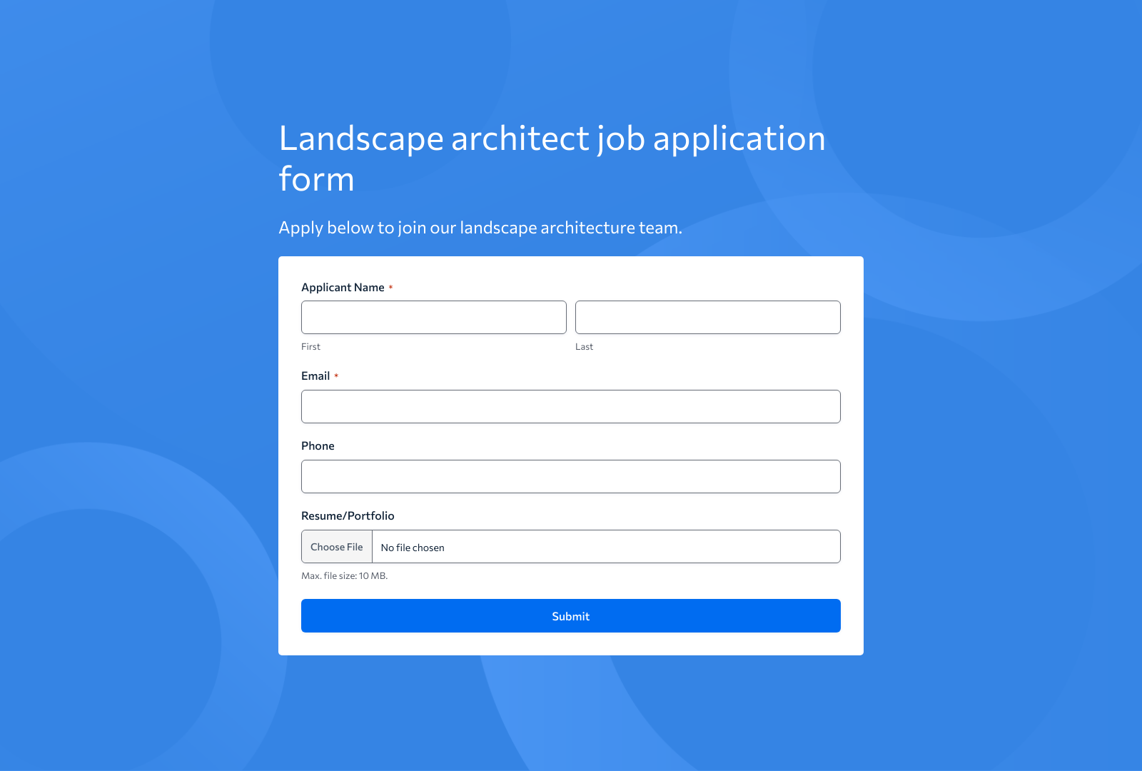 Landscape Architect Job Application Form Template with fields for personal info, experience, and submit button.