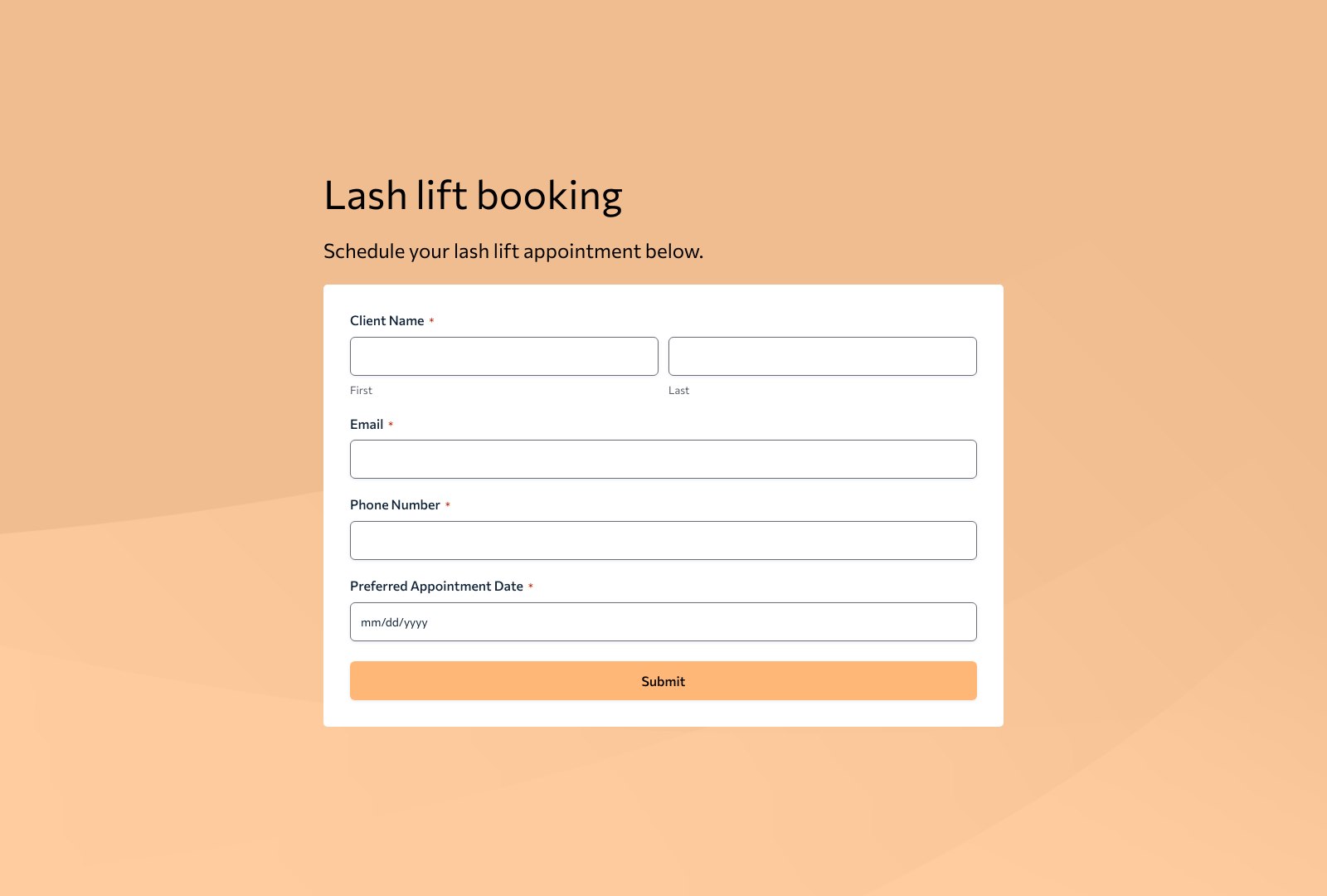 Lash Lift Booking Form Template with fields for name, contact info, and appointment details.