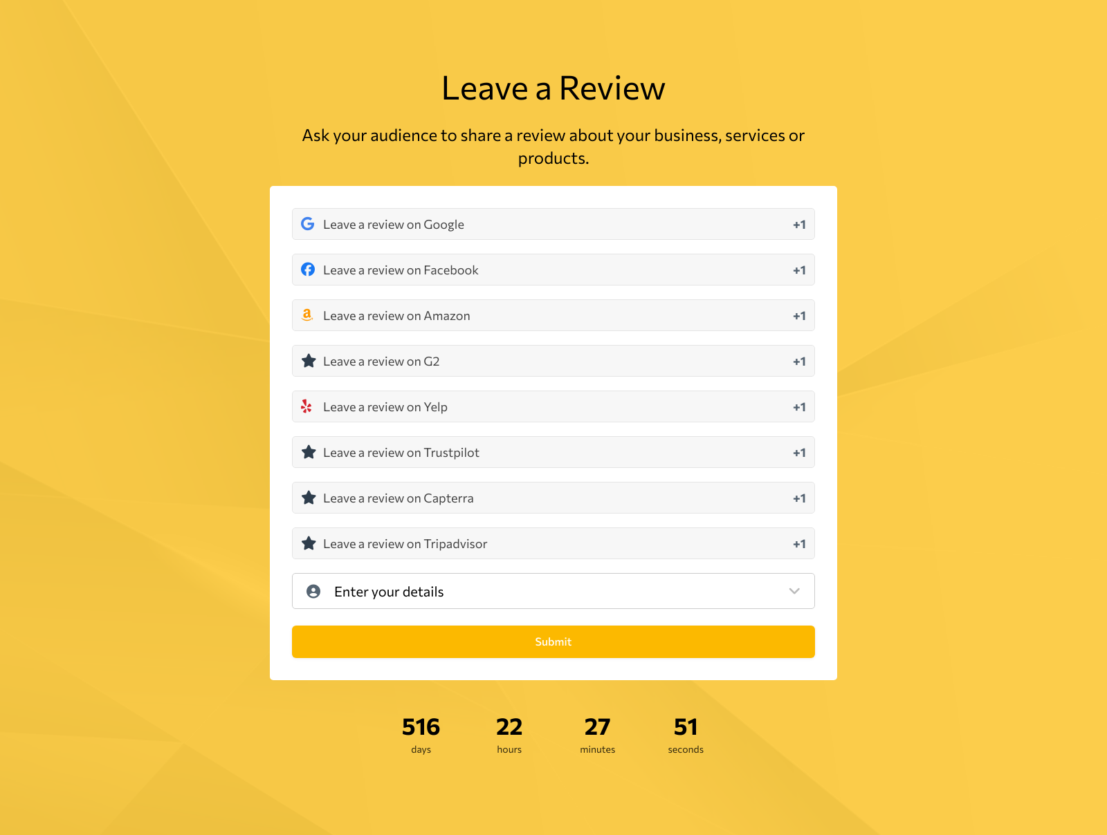 Leave a Review Template with text fields and submit button for audience feedback.