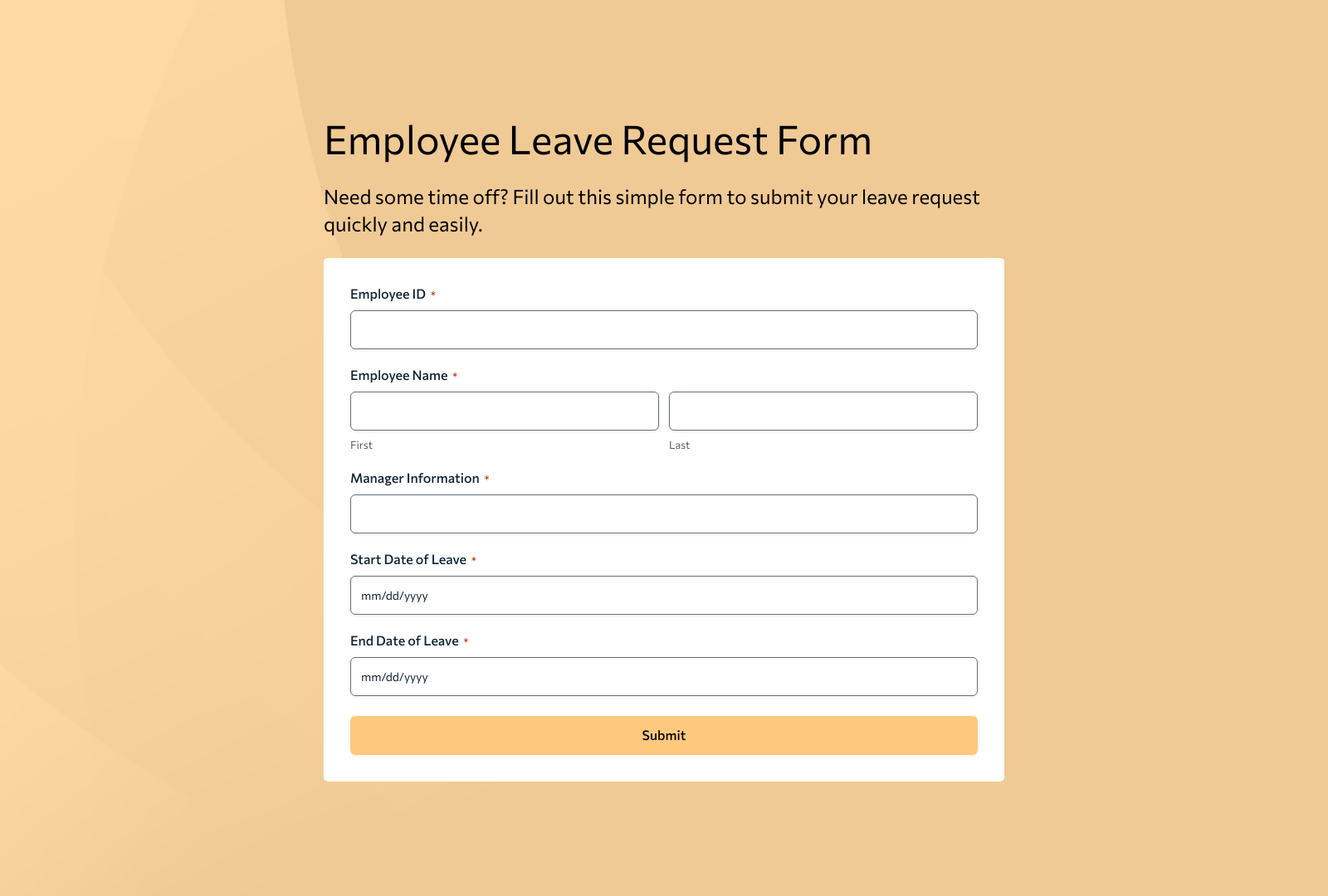 Leave Request Form Template screenshot showing fields for name, dates, reason, and submit button.