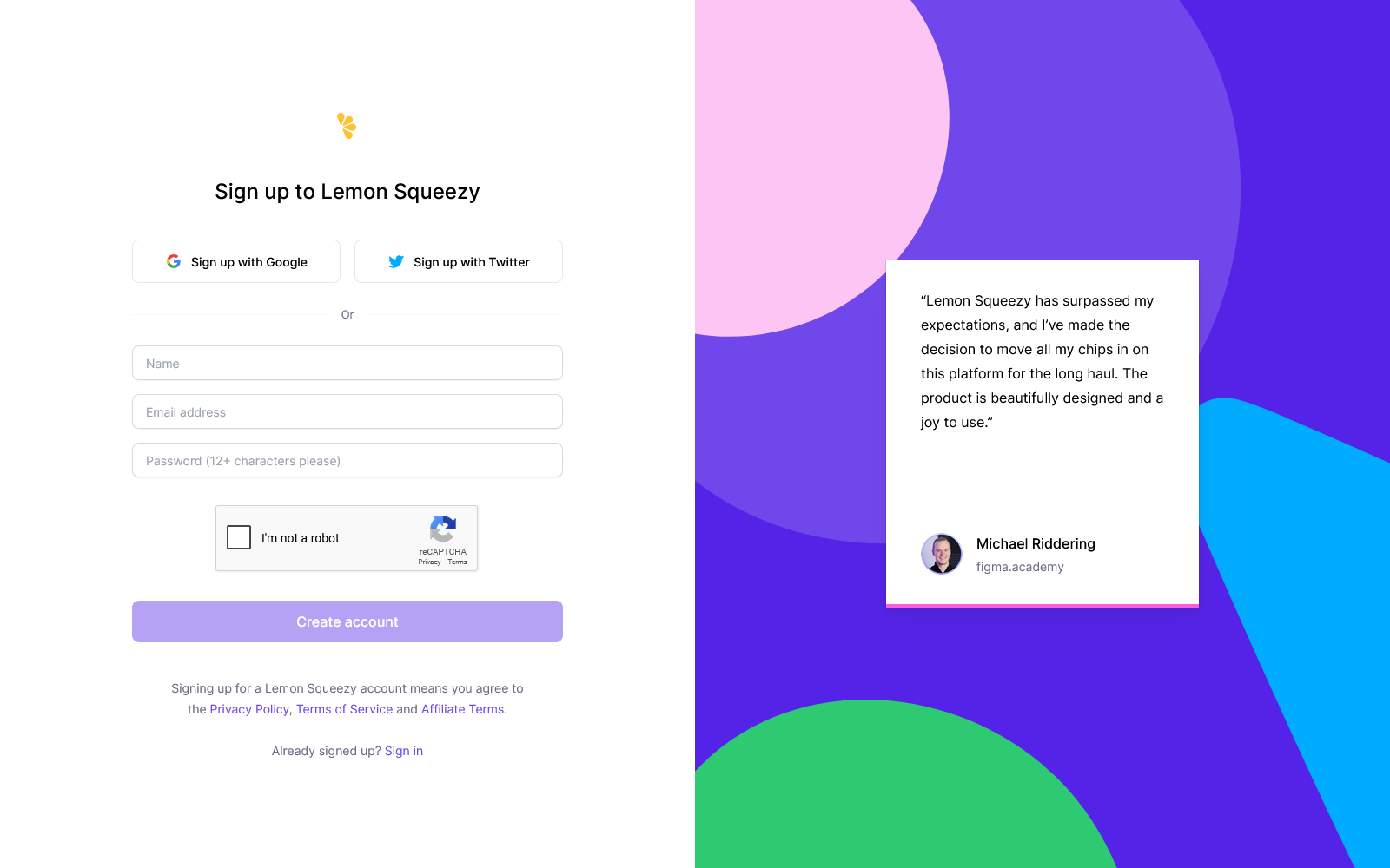 lemon squeezy signup landing page example