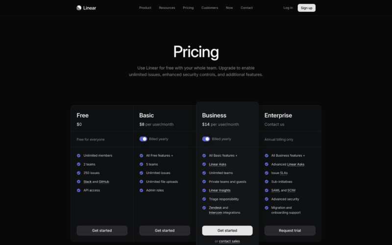 Linear Pricing Landing Page Example