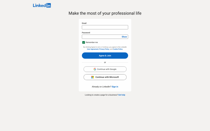 LinkedIn Signup Landing Page Example