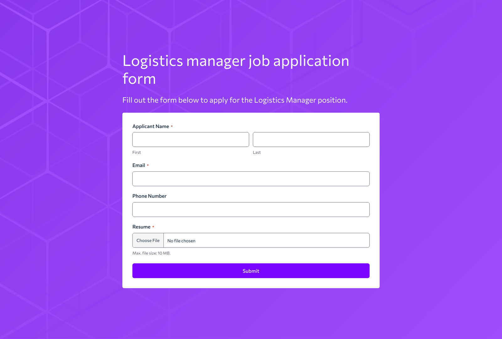 Logistics Manager Job Application Form Template with fields for candidate details and job-specific questions.