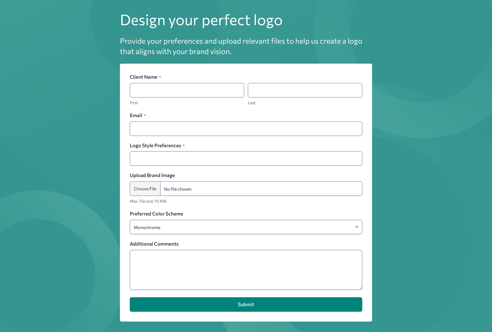 Logo Design Form Template with fields for client details and logo preferences.