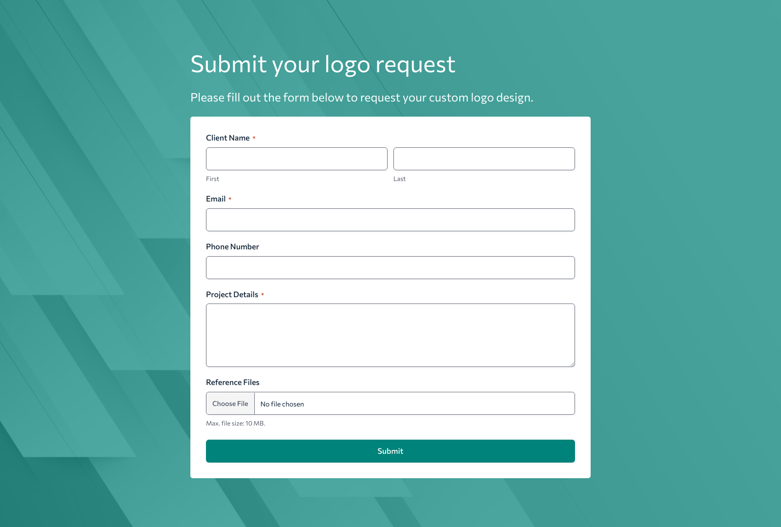 Logo Design Request Form Template with fields for client details and design preferences.