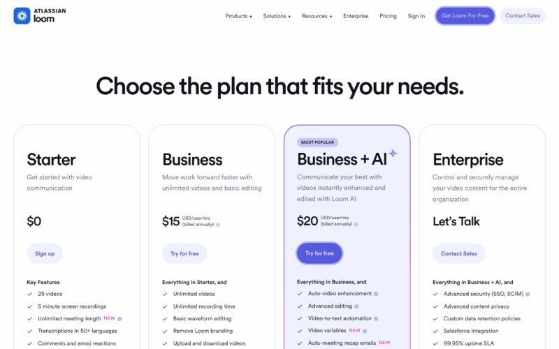 Loom Pricing Landing Page Example