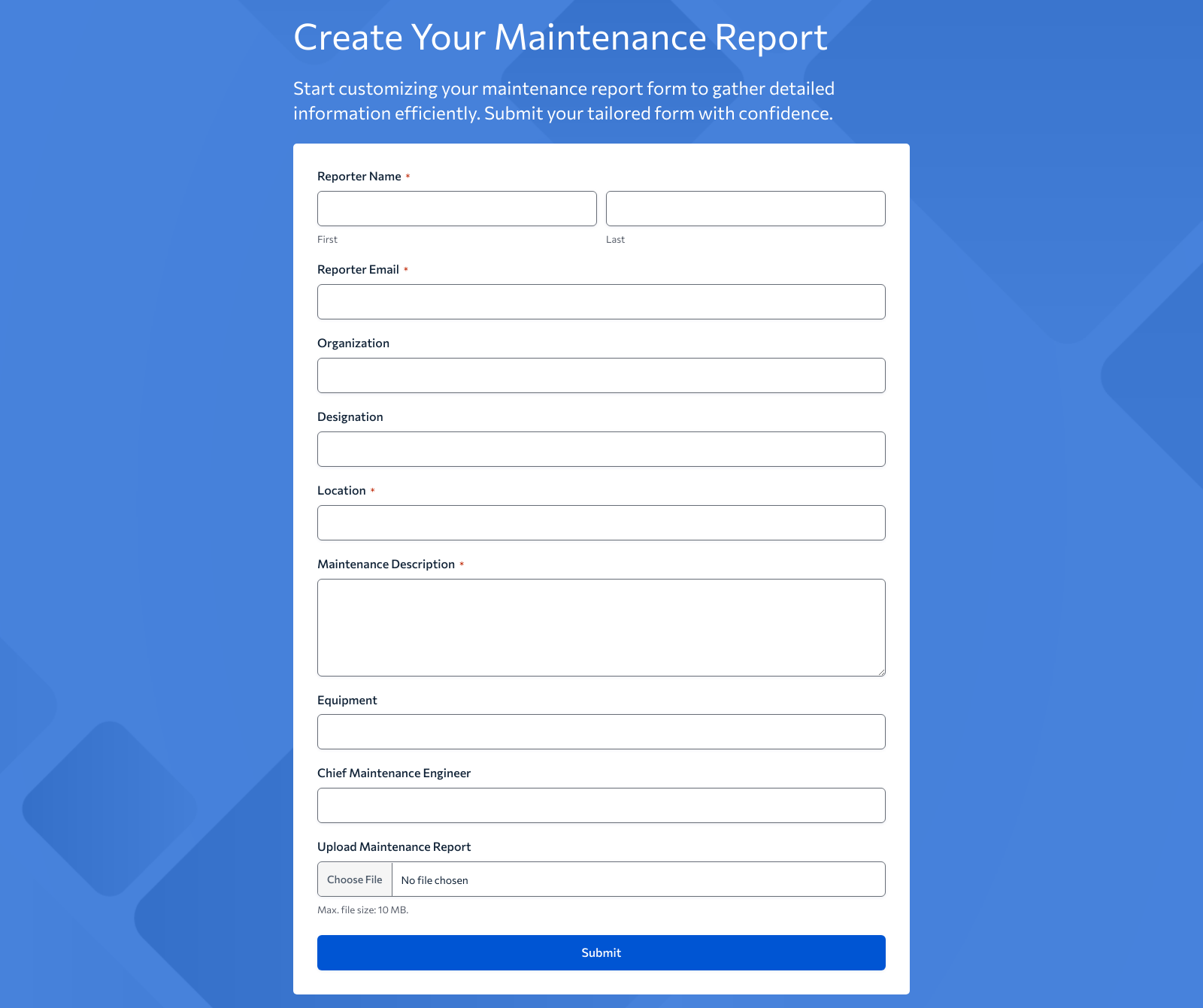 Maintenance Report Form Template with fields for details, progress tracking, and submission buttons.