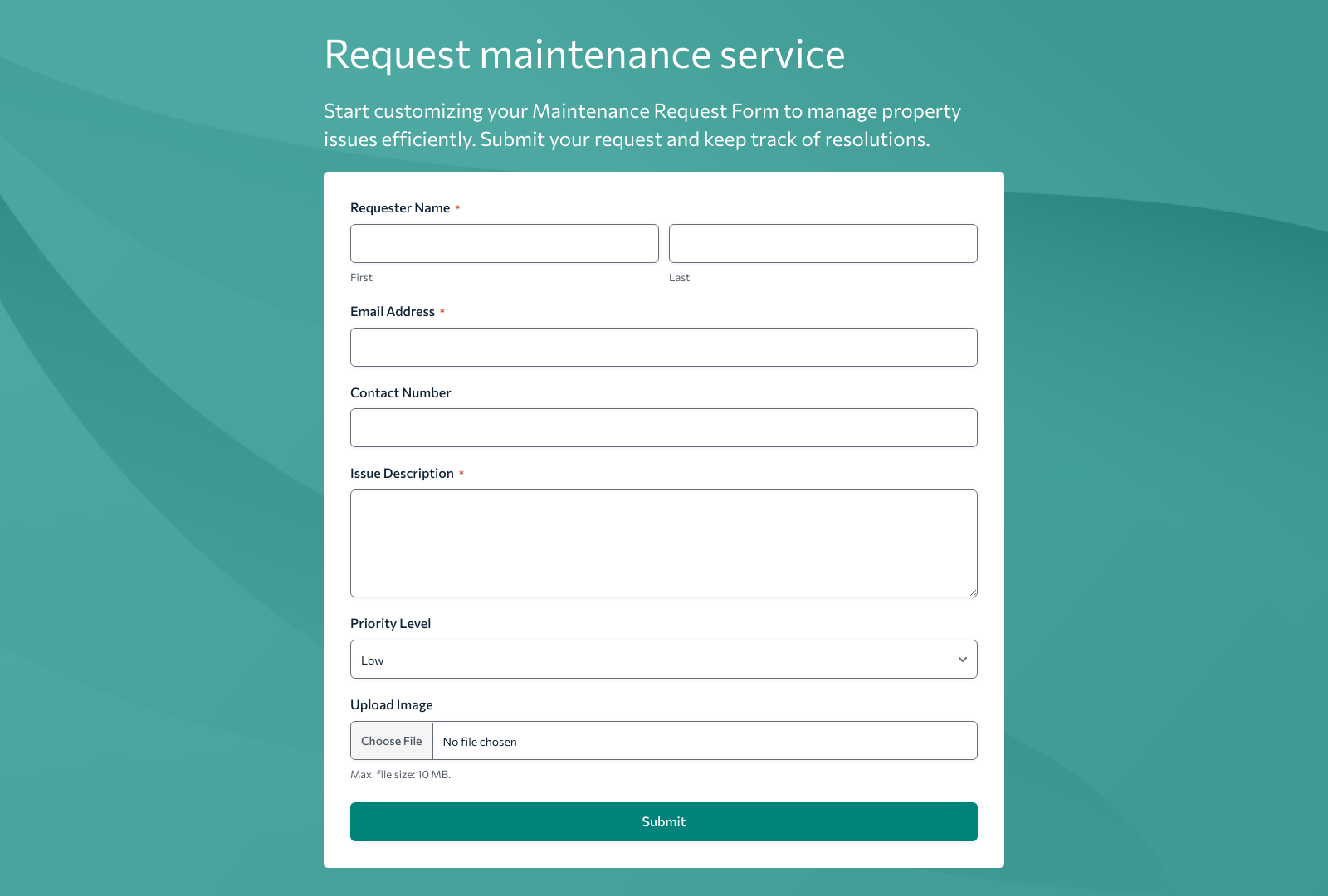 Maintenance Request Form Template with fields for tenant info, issue details, and submit button.