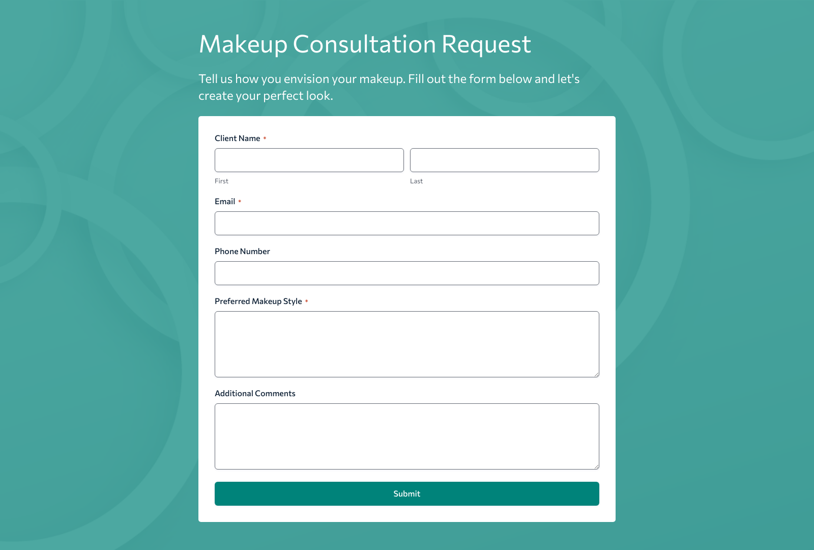 Makeup Consultation Form Template with input fields, submit button, and clean layout.
