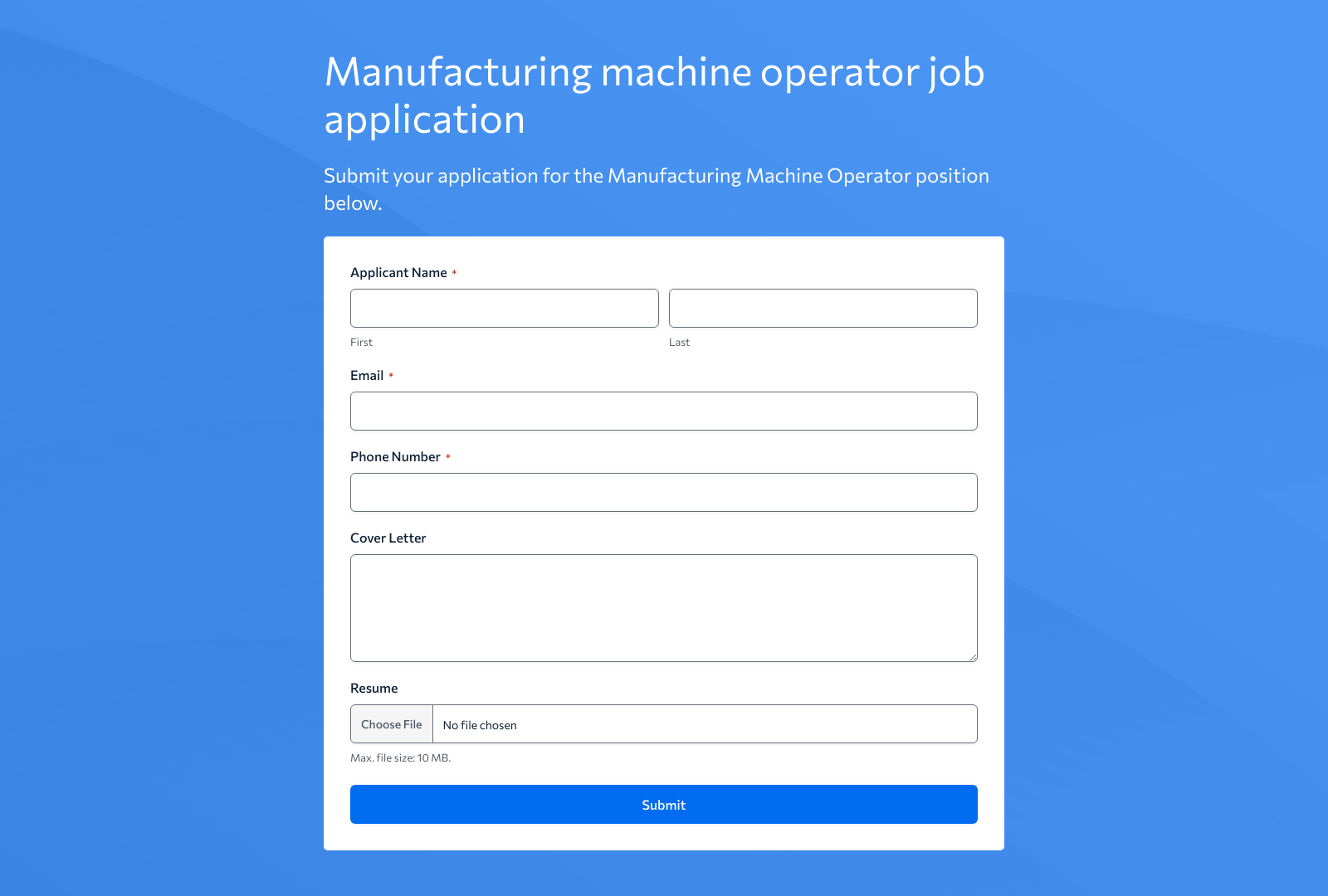Manufacturing Machine Operator Job Application Form Template with fields for applicant details and submit button.
