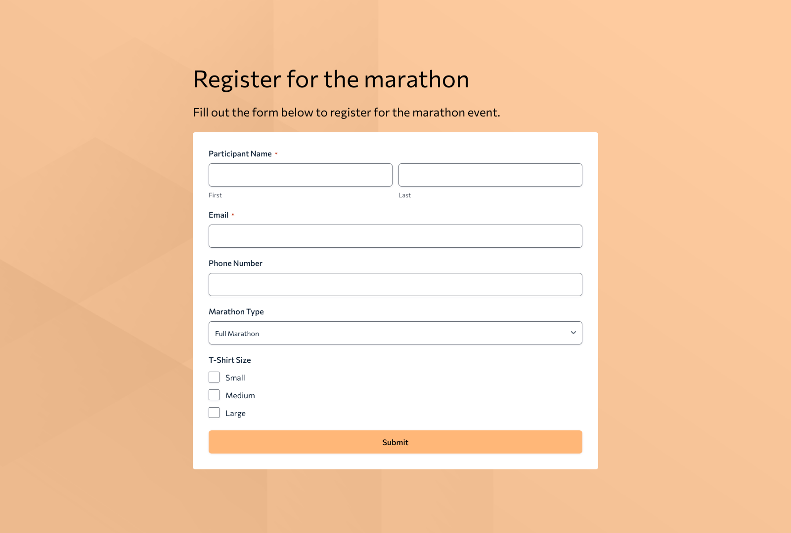 Marathon Registration Form Template with fields for participant details and registration buttons.