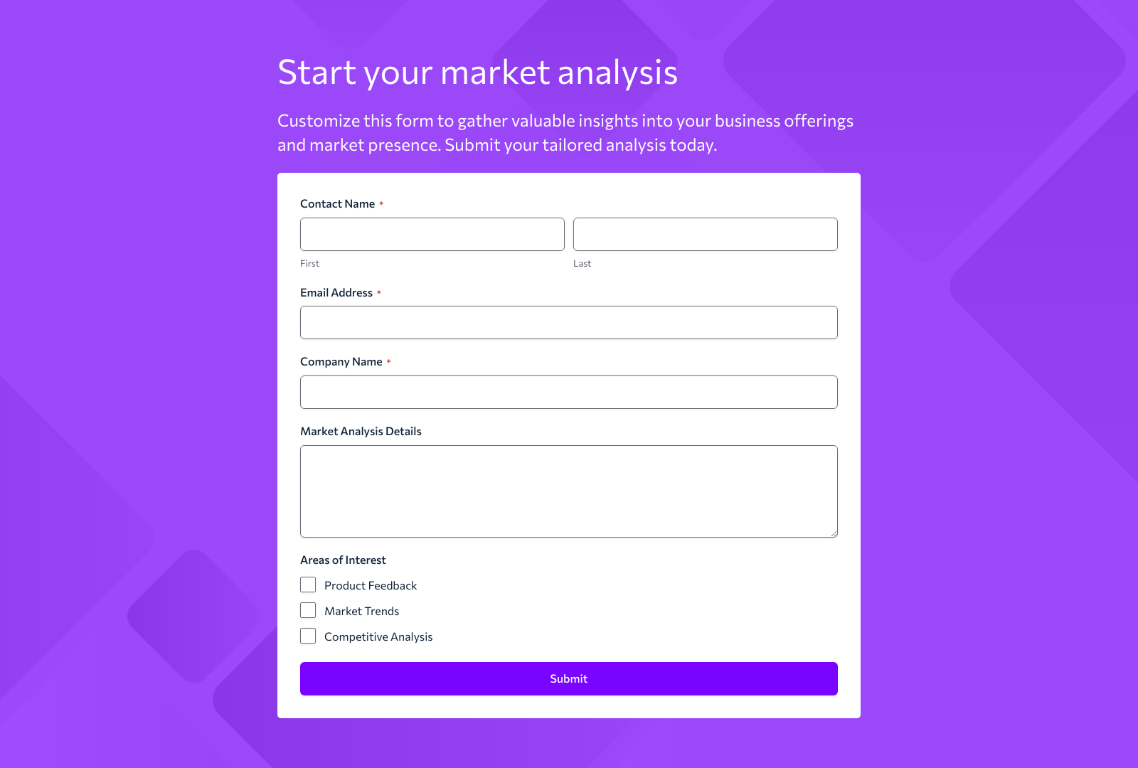 Market Analysis Form Template with input fields for evaluating business offerings.