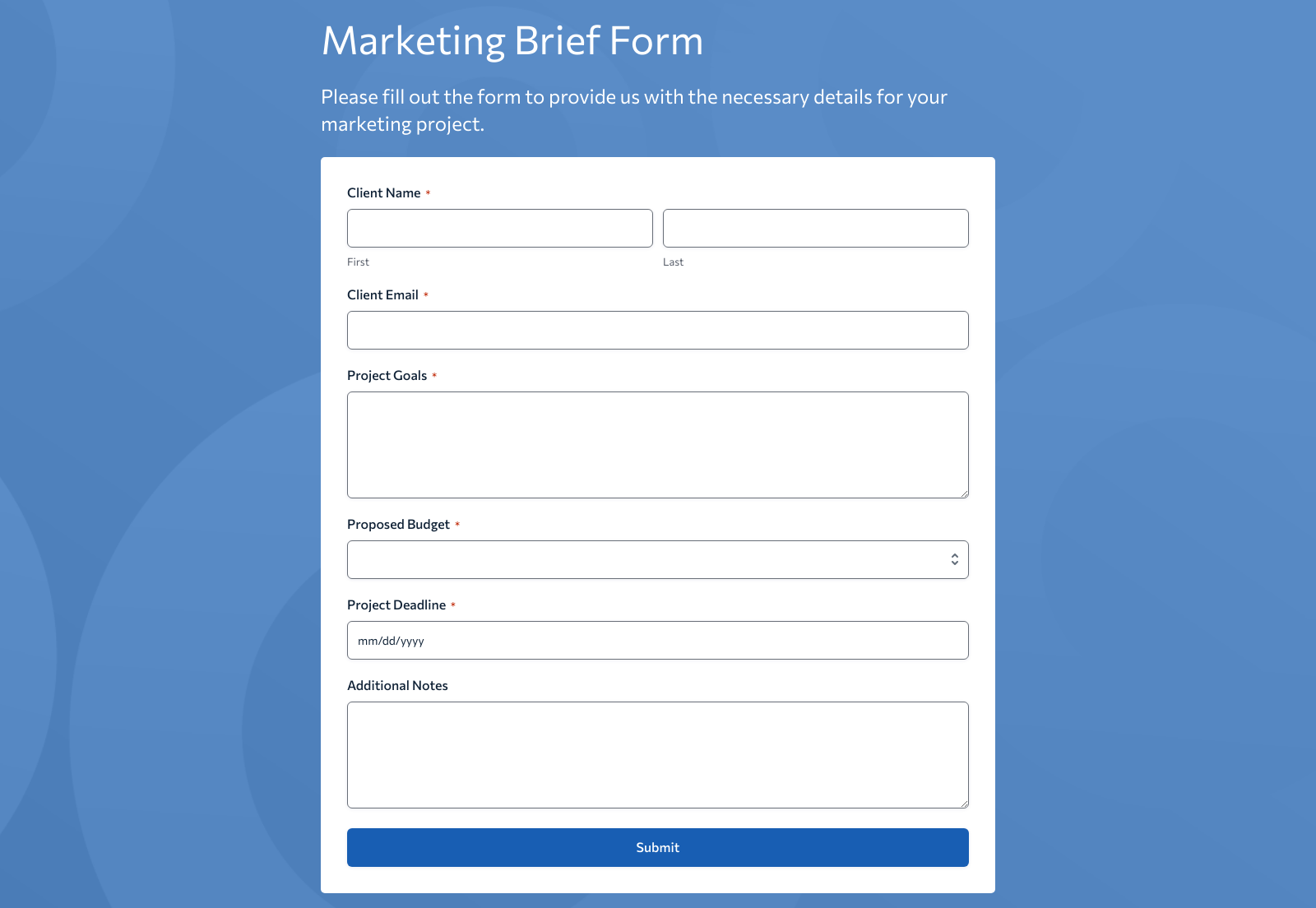 Screenshot of Marketing Brief Form Template with fields for client info and campaign details.