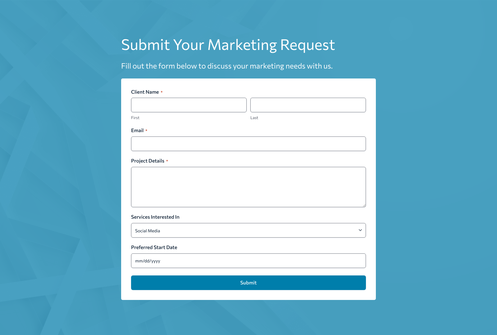 Screenshot of Marketing Request Form Template showing customizable fields, submit button, and clean layout.