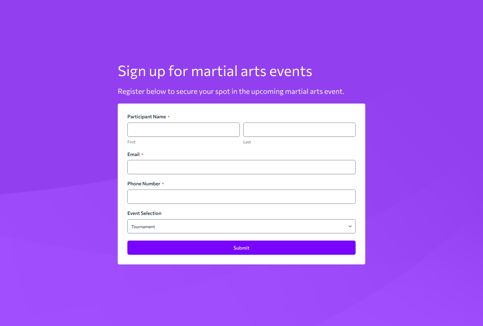 Martial Arts Registration Form Template with fields for participant details and sign-up buttons.