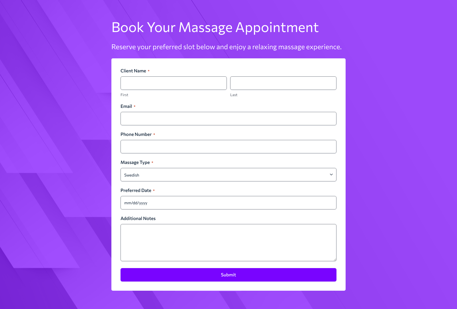 Massage Booking Form Template with fields for client details, appointment date, and service type.