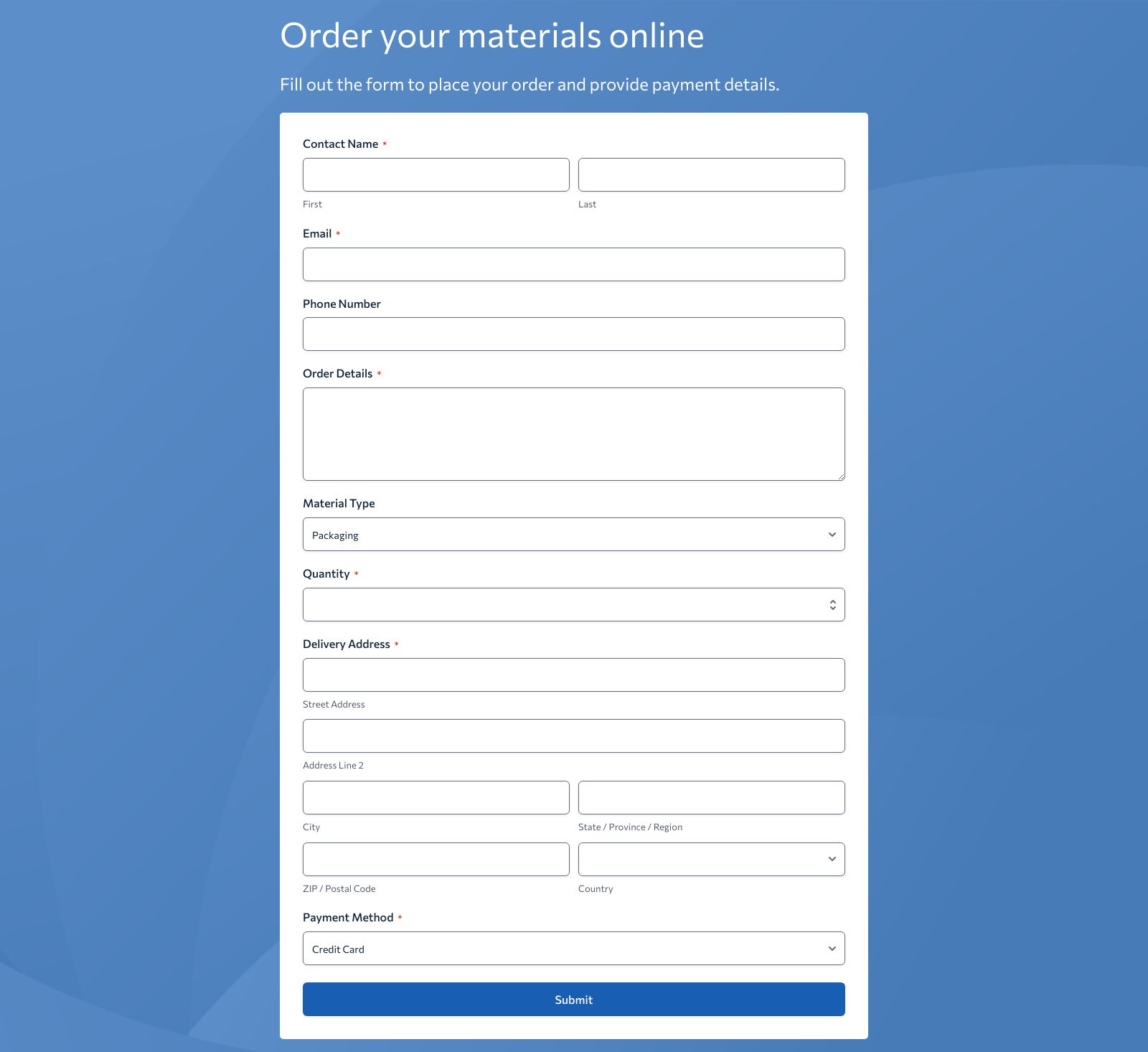 Material Order Form Template showing fields for product details, quantity, and payment with submit button.