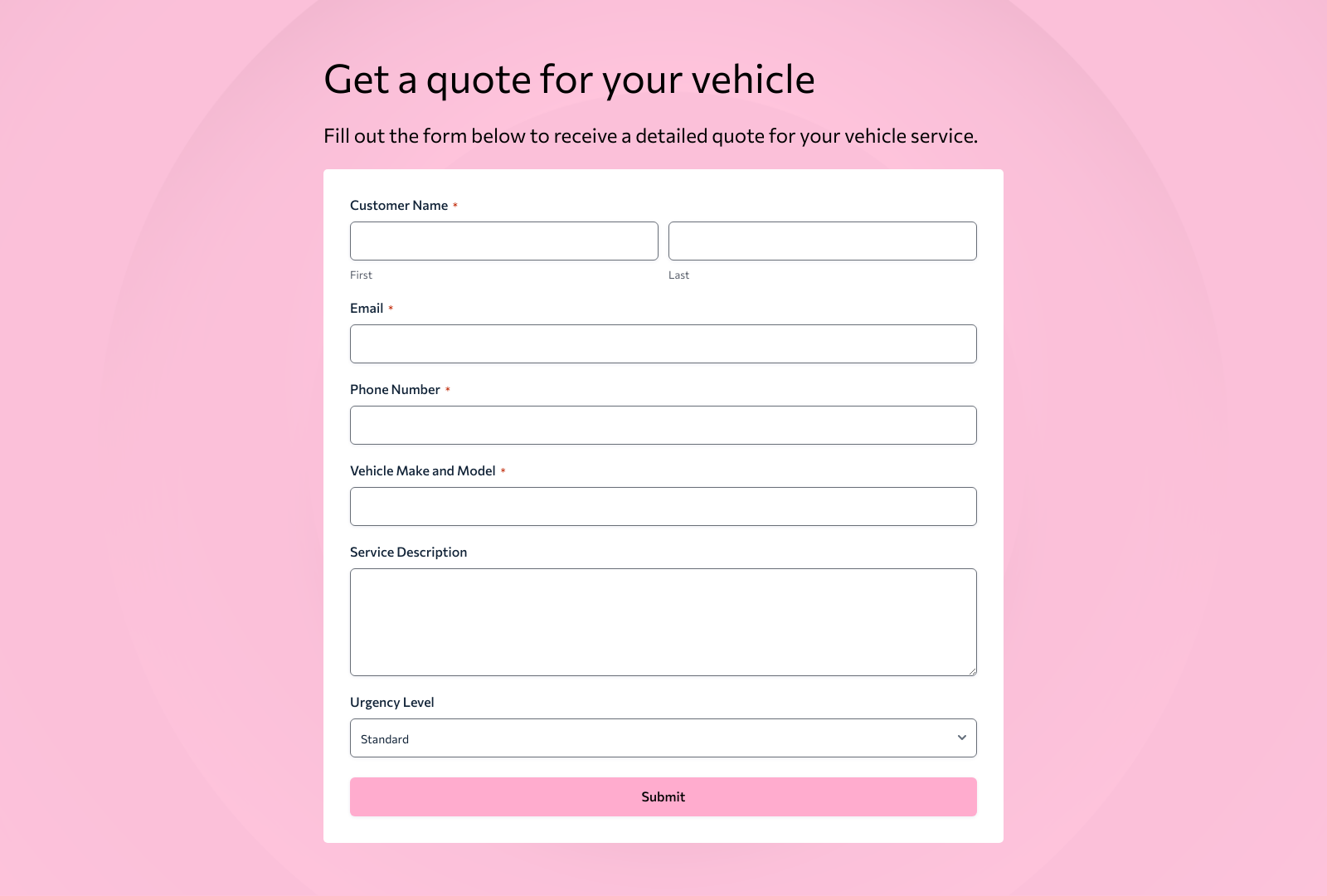 Mechanic Quote Form Template with fields for customer and vehicle information, buttons for submission.