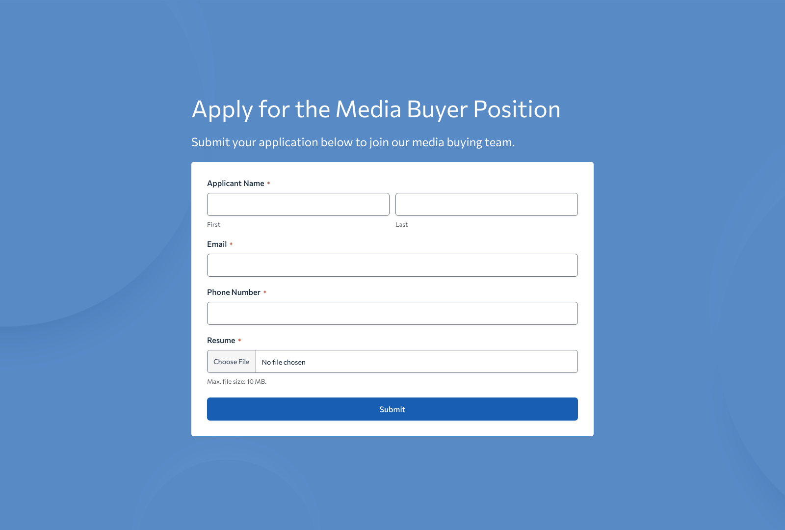 Media Buyer Job Application Form Template showing fields, buttons, and layout for managing applications.