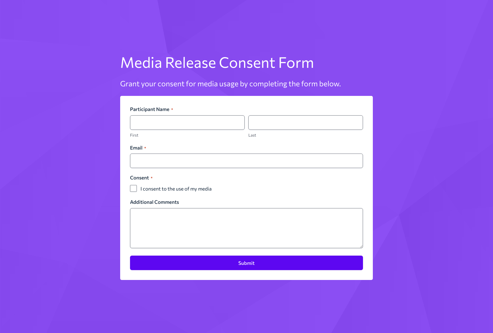 Media Release Form Template showing fields for consent collection and buttons for submission.
