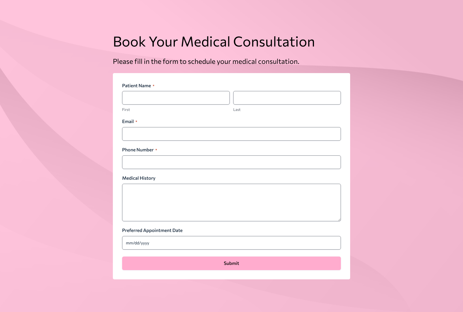 Medical Consultation Form Template showing fields for patient info, appointment details, and submit button.